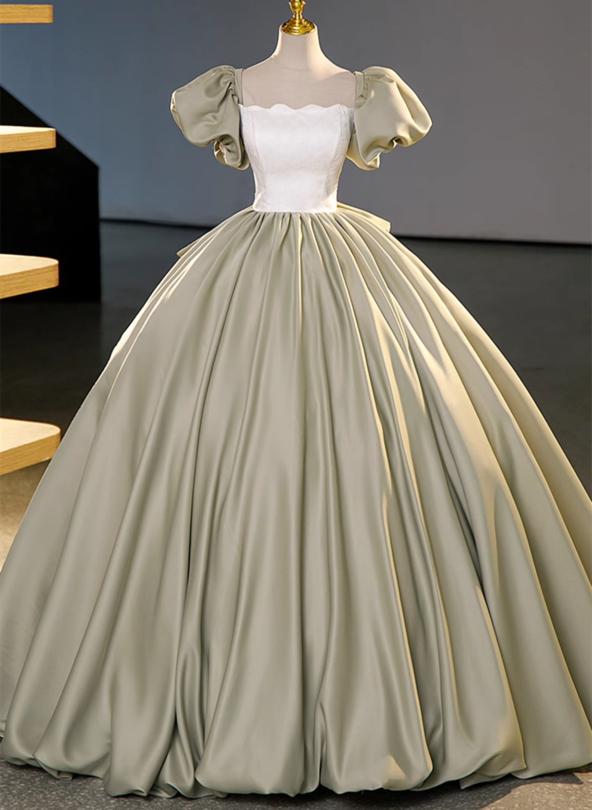 Green Short Sleeves Ball Gown Satin Long Party Dress, Green Long Formal Dress