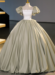 Green Short Sleeves Ball Gown Satin Long Party Dress, Green Long Formal Dress