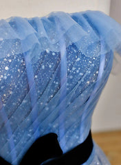 Blue A-line Tulle Long Party Dress with Belt, Blue Evening Dress prom Dress
