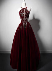 Wine Red Velvet Beaded Halter Long Formal Dress, A-line Velvet Prom Dress