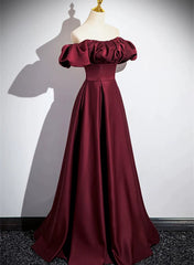 Wine Red Satin Off Shoulder Long Party Dress, Wine Red Satin Prom Dress