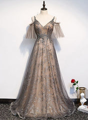 Champagne A-line Straps Lace Low Back Prom Dress, A-line Evening Dress