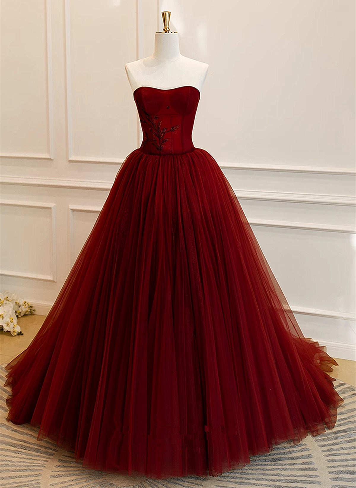 Wine Red Scoop Sweetheart Tulle Ball Gown Prom Dress, Wine Red Tulle Evening Dress