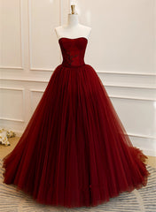 Wine Red Scoop Sweetheart Tulle Ball Gown Prom Dress, Wine Red Tulle Evening Dress