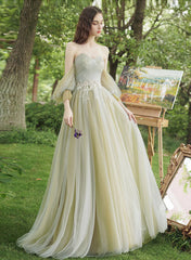 A-line Green Tulle Off Shoulder Lace Applique Prom Dress, Green Party Dress