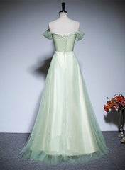 Green A-line Off Shoulder Tulle Long Formal Dress, Green Long Prom Dress
