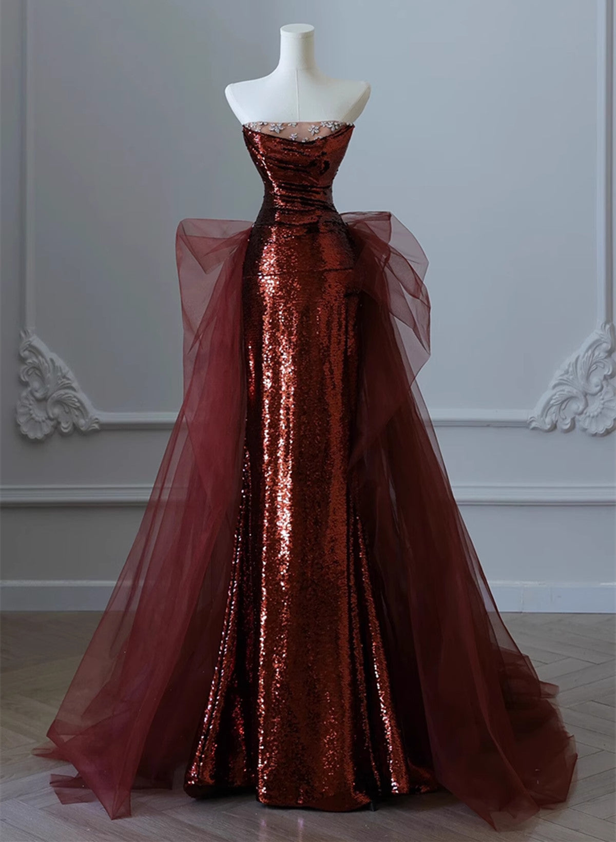 Wine Red Sequins and Tulle Long Formal Dress, Wine Red Prom Dress