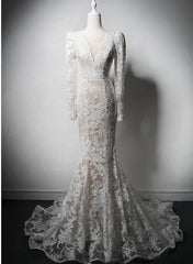 Ivory Lace Mermaid Long Sleeves Formal Dress, Lace Wedding Party Dress