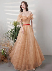 Champagne A-line Short Sleeves Prom Dress, Champagne Tulle Evening Dress