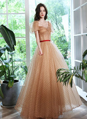 Champagne A-line Short Sleeves Prom Dress, Champagne Tulle Evening Dress