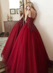 Wine Red Tulle with Lace Ball Gown Straps Party Dress, Wine Red Tulle Prom Dress