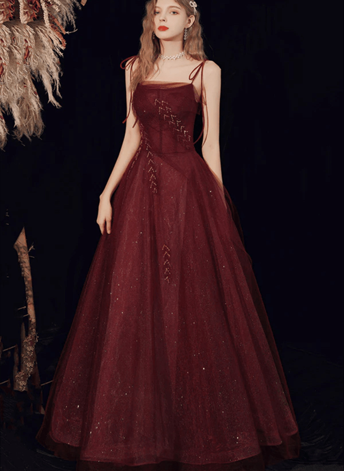 Wine Red Straps Tulle Beaded Long Prom Dress, Wine Red A-line Evening Dress