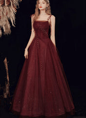 Wine Red Straps Tulle Beaded Long Prom Dress, Wine Red A-line Evening Dress