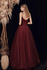 Wine Red Straps Tulle Beaded Long Prom Dress, Wine Red A-line Evening Dress