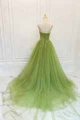 Green Tulle Straps Long Party Dress, Green Tulle Lace Prom Dress