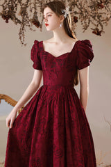 Wine Red Sweetheart Floral A-line Prom Dress, Wine Red Evening Dress Party Dress