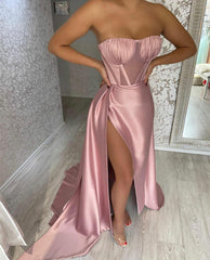 Pink Sweetheart Satin Long Prom Dress with Leg Slit, Pink Satin Evening Dress