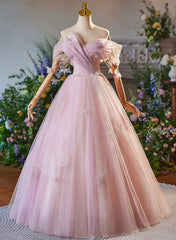 Pink Off Shoulder Tulle Long Formal Dress, Pink A-line Prom Dress