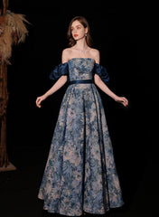 Blue Floral A-line Scoop Long Prom Dress Party Dress, Blue Simple Party Dress