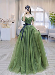 Green A-line Shiny Tulle Off Shoulder Party Dress, Green Tulle Prom Dress