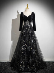 Black Long Sleeves Velet and Tulle Party Dress, Black Sweetheart Prom Dress