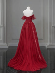 Wine Red A-line Tulle Sweetheart Floor Length Party Dress, Wine Red Tulle Prom Dress