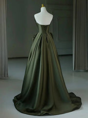 Dark Green V-neckline Satin Long Prom Dress, Dark Green Party Dress