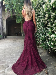 Sexy Spaghetti Straps Trumpet/Mermaid Backless Maroon/Burgundy Lace Prom Dress/ Formal Dress/ Bridesmaid Dress