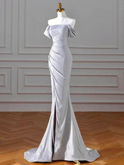 Charming Sliver Mermaid Party Dress, Sliver Off Shoulder Long Prom Dress with Leg Slit
