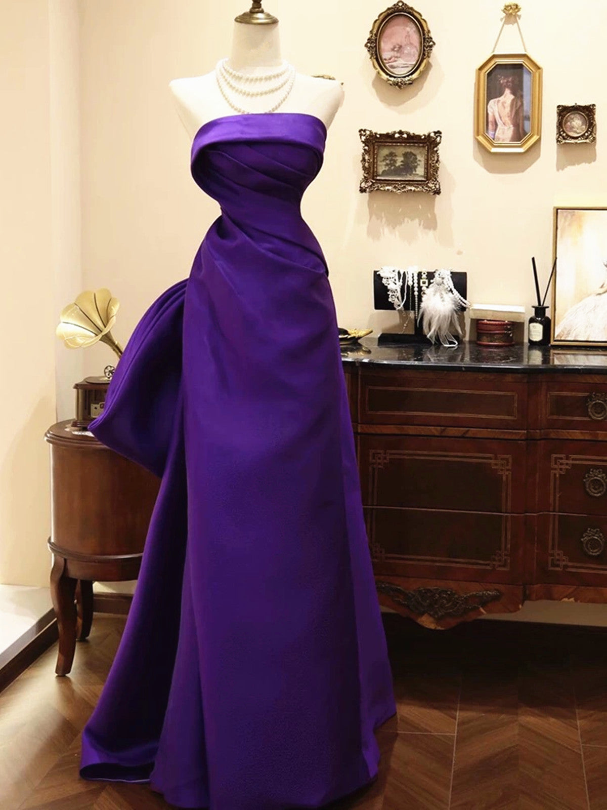 Purple Satin Scoop A-line Floor Length Party Dress, Purple Satin Long Prom Dress with Bow