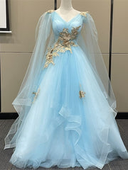 Light Blue Tulle with Gold Lace Applique Party Dress, Light Blue Prom Dress
