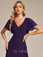 A Line Double V Neck Ruffle Backless High Low Chiffon formal dresses Bridesmaid Dresses evening gown Prom Dress