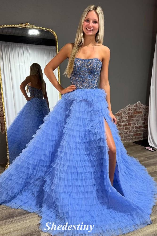 Tiered Ruffle A-Line Blue Sequin Strapless Prom Dress with Slit