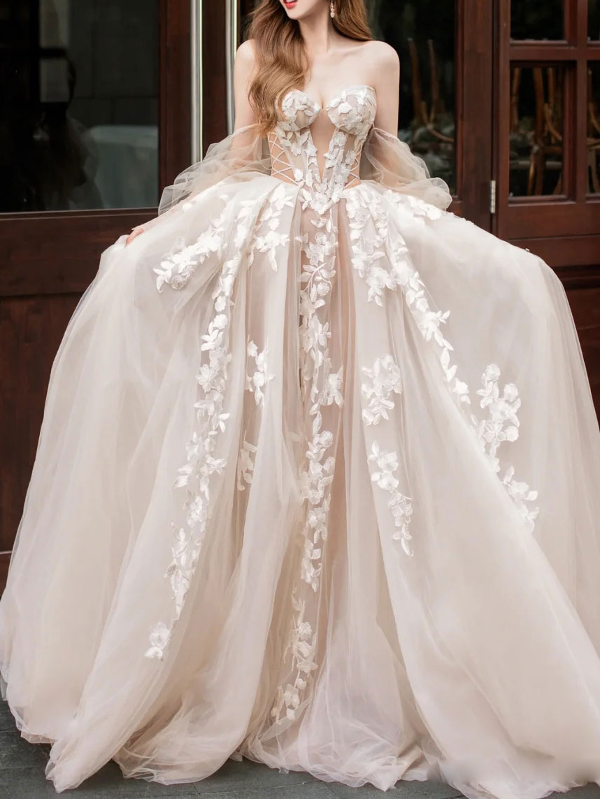 Champagne lace tulle long prom dress, lace tulle formal dress
