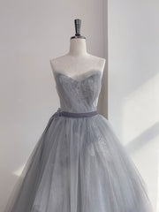 Gray tulle lace long prom dress, gray tulle sweet 16 dress