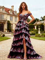 Off-Shoulder Gown with Multi-Color Sequin Embroidered Tier