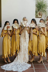 Ruffles Cold Sleeves Tea-Length Mustard Yellow Bridesmaid Dress