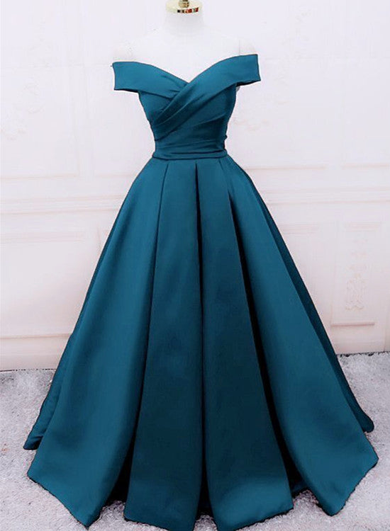 Glam Blue Satin Long Off Shoulder Party Dress, A-line Prom Dress
