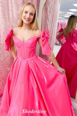 Bowknot Off Shoulder Fuchsia A-Line Corset Gala Prom Dress