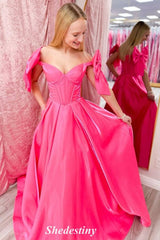 Bowknot Off Shoulder Fuchsia A-Line Corset Gala Prom Dress