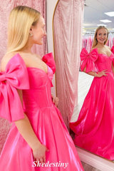 Bowknot Off Shoulder Fuchsia A-Line Corset Gala Prom Dress