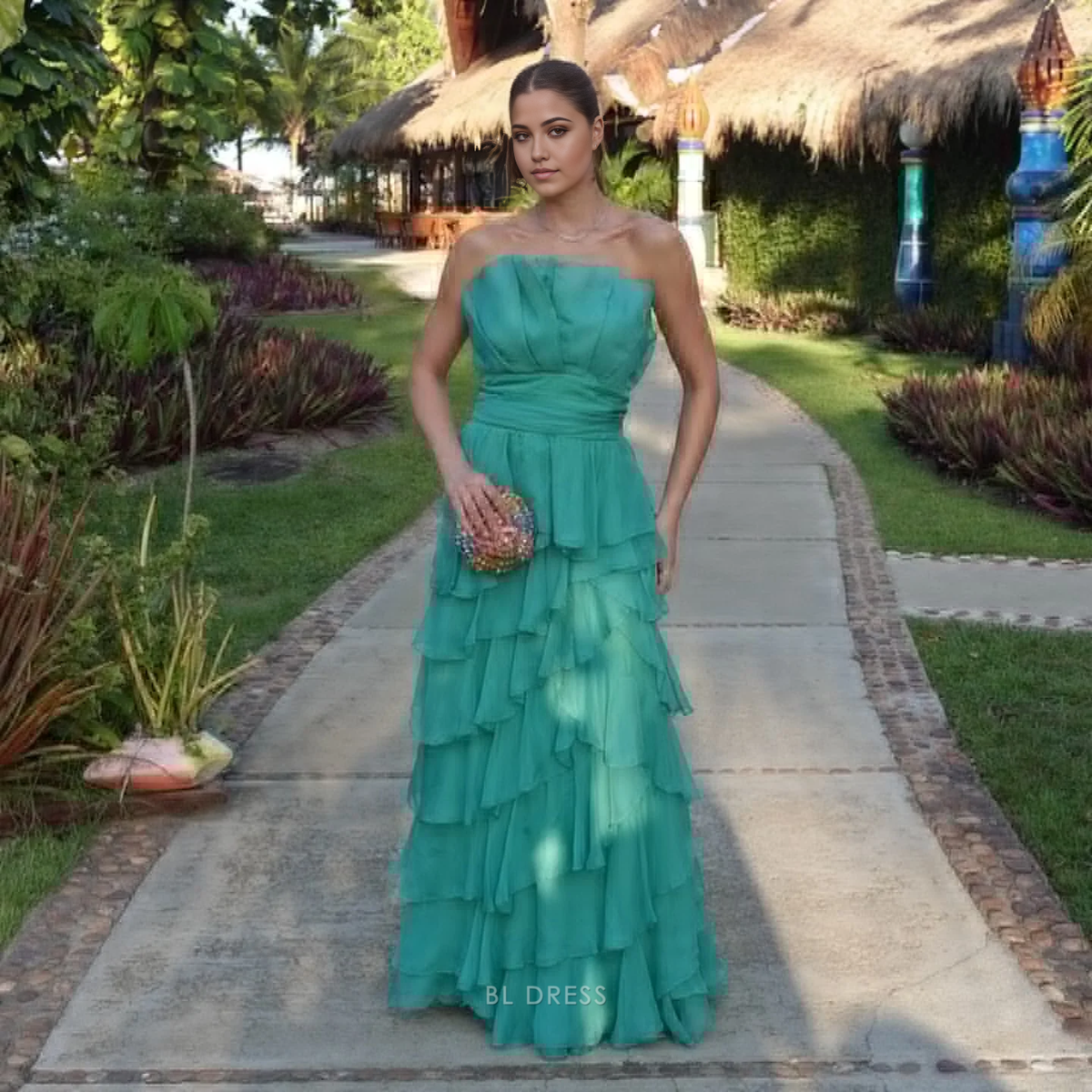 A Line Strapless Chiffon Tiered Long formal dresses Bridesmaid Dresses evening gown Prom Dress