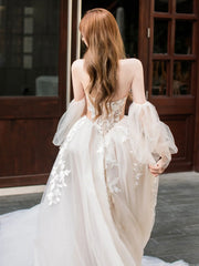 Champagne lace tulle long prom dress, lace tulle formal dress