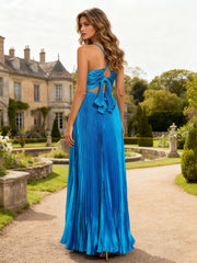 Pleated Taffeta A-Line Gown with Ruched Bodice Ocean Blue