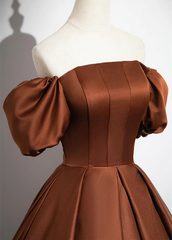 Brown Satin A-line Short Sleeves Party Dress, Simple Satin Prom Dress Evening Dress