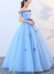Beautiful Blue Off Shoulder Long Party Dress, Sweet 16 Dresses