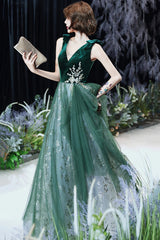 A-line Green Tulle and Velvet Long Formal Dress, Green Tulle Party Dress Prom Dress