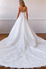Lace Appliques Long Strapless White Wedding Dress with Pockets