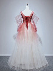 Burgundy tulle off shoulder beads long prom dress, burgundy evening dress