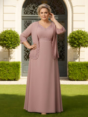 Lace Trim Two-Piece Chiffon Maxi Suit Dusty Rose